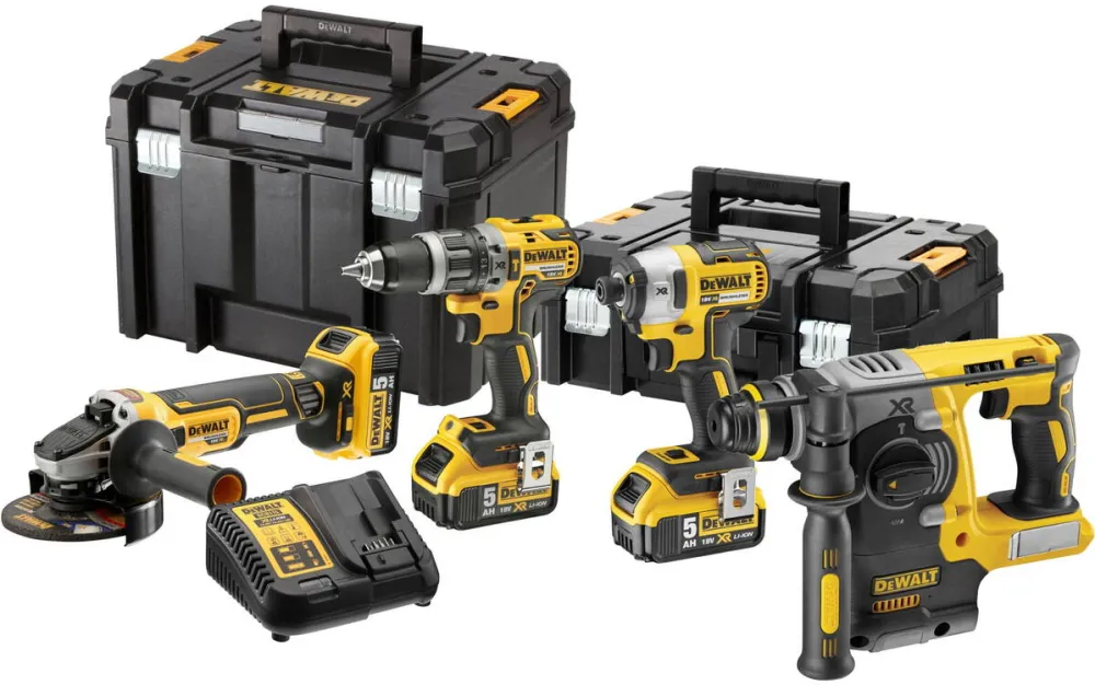 DeWalt Set de 4 scule profesionale pe acumulator DeWALT DCK422P3T, 18 V, include: masina de gaurit DCD796, masina de insurubat cu impact DCF887, polizor DCG405, ciocan rotopercutor DCH273, 3x acumulator, incarcator rapid, cutii transport TSTAK DS150