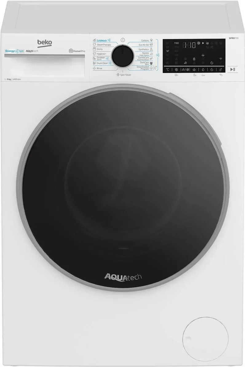 BEKO Masina de spalat rufe Beko B7WFU69418WBES, 9 kg, 1400 RPM, Clasa A, AquaTech, IronFast, SteamCure, Recycled Tub, ProSmart Inverter Motor, Homewhiz prin Wi-Fi, AddXtra, Negru