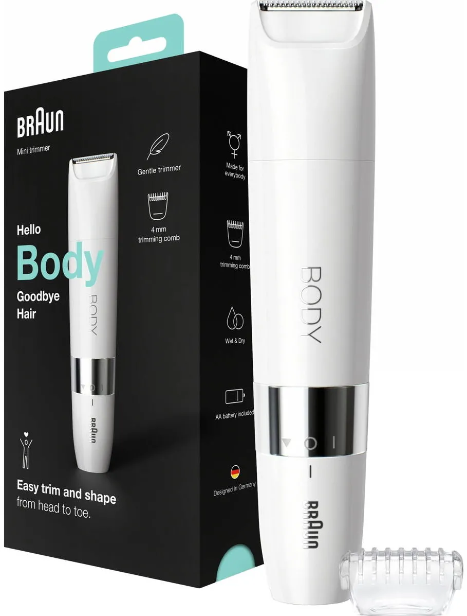 BRAUN Mini aparat de tuns corporal Braun BS1000 Wet&Dry, cu pieptene de tuns, pe baterii, Alb