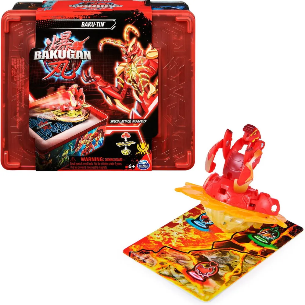 Spinmaster Spin Master Bakugan 2023 Baku-Tin with Special Attack Mantid, Skill Game (with Storage Box, Action Figure and Trading Cards)