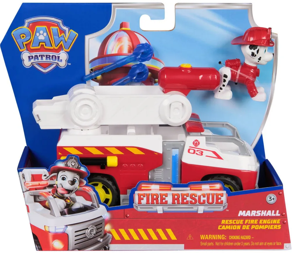 Masina de pompieri Spin Master Paw Patrol Fire Rescue cu scara rabatabila, lansator de proiectile si figurina Marshall