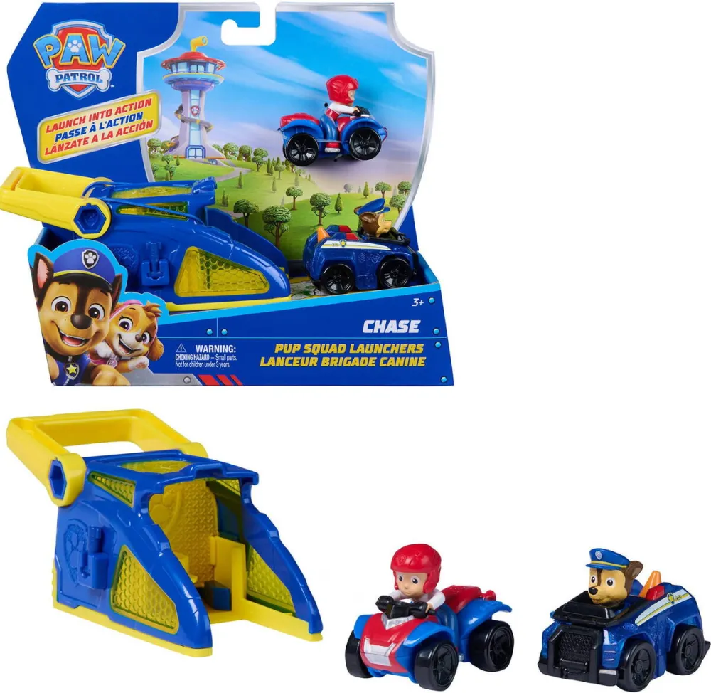 Masinuta Spin Master Paw Patrol Pup Squad Launcher cu vehiculele Chase si Ryder