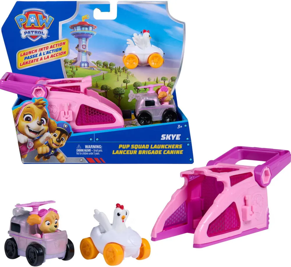 Masinuta Spin Master Paw Patrol Pup Squad Launcher cu vehiculele Skye si Henrietta