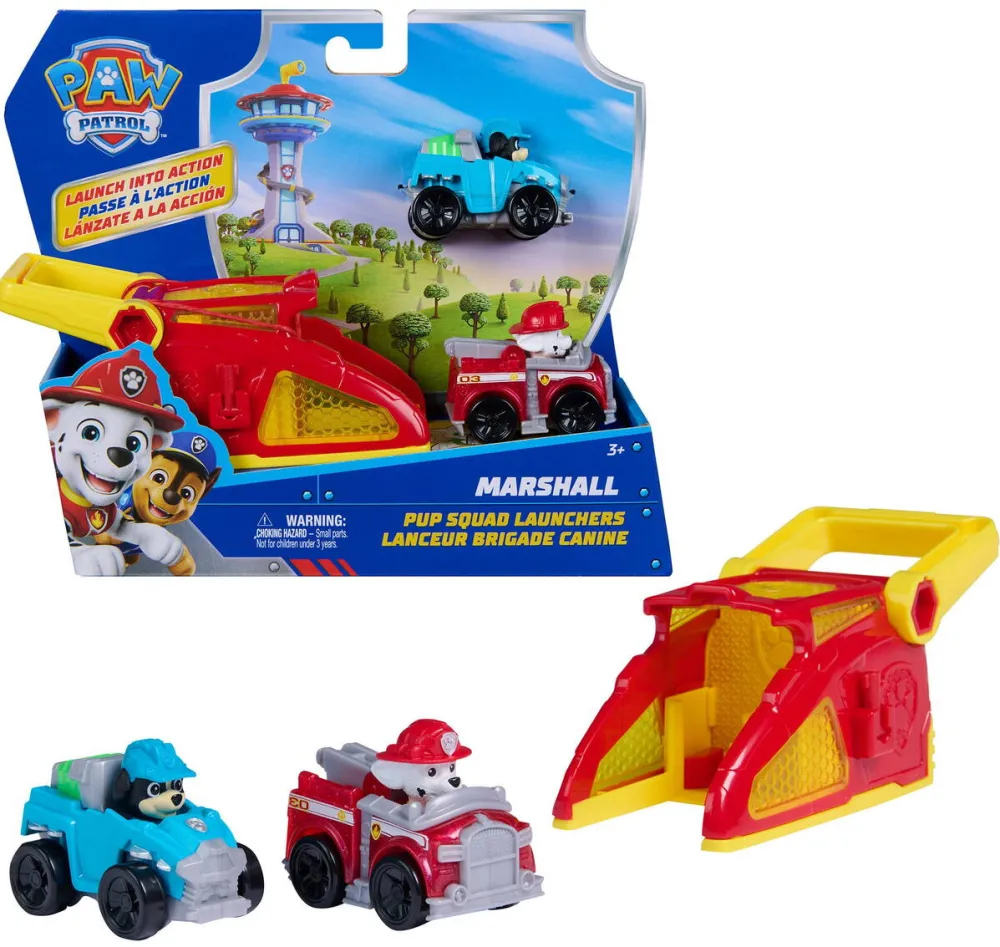 Masinuta Spin Master Paw Patrol Pup Squad Launcher cu vehiculele Marshall si Rex