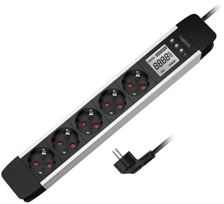 Logilink PRELUNGITOR LOGILINK, Schuko x 5, 3G 1.5mm2, 230 V/16 A, 50 Hz, max. 3500 W, LCD consum, butoane: Power, Q, CO2, Reset, 1.4m, negru-argintiu, "LPS286"