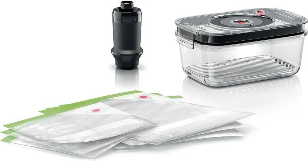 BOSCH Set depozitare vacuum Bosch: casoleta sticla, pompa vidare, 3 pungi mici si 3 pungi mari