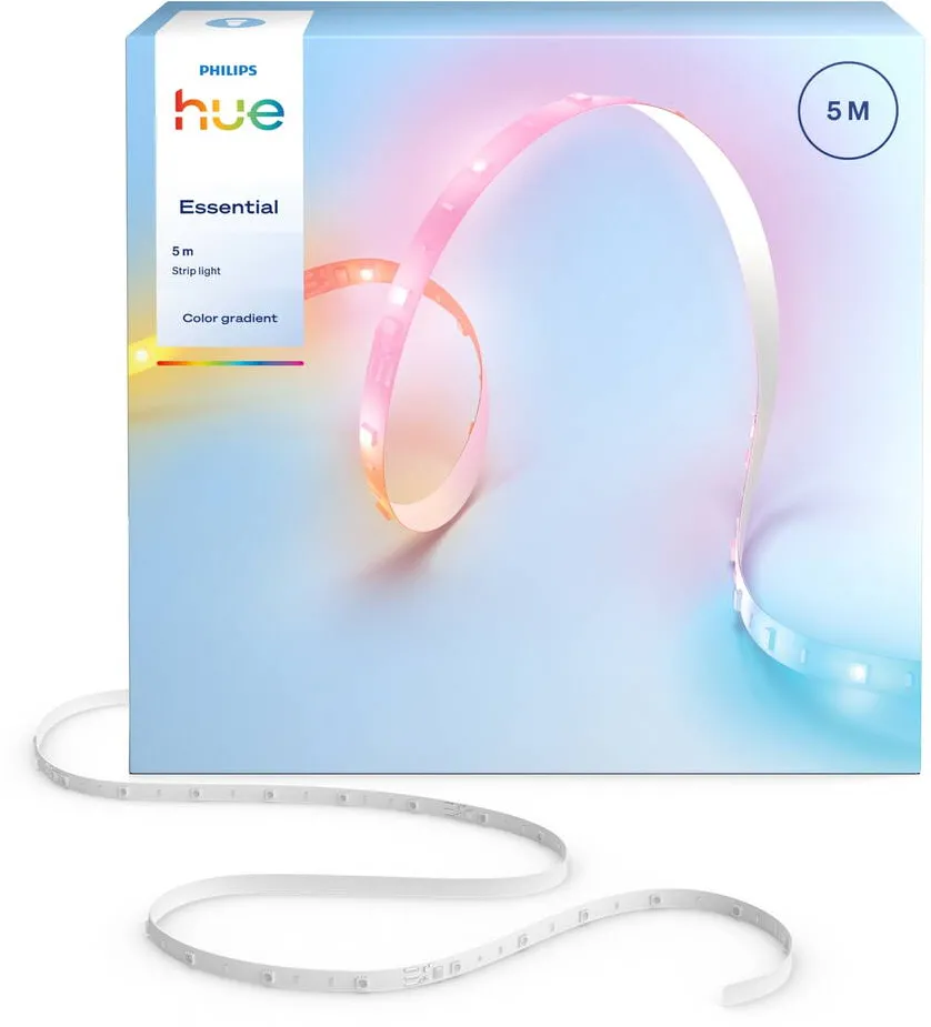 Philips Hue Banda LED smart Hue Essential de 5 metri, RGBIC, culori vibrante si ambianta, iluminare flexibila pentru interior, instalare usoara, control prin aplicatie si voce, compatibila cu Alexa, Google Assistant si Apple Home