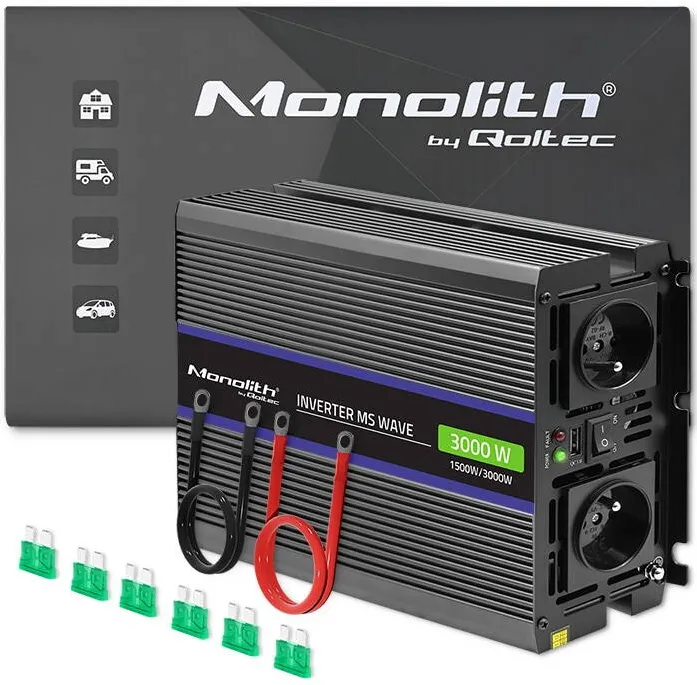 QOLTEC Convertor de tensiune, Qoltec, Monolith 3000 MS Wave, 12V la 230V, 1500/3000W, USB, negru