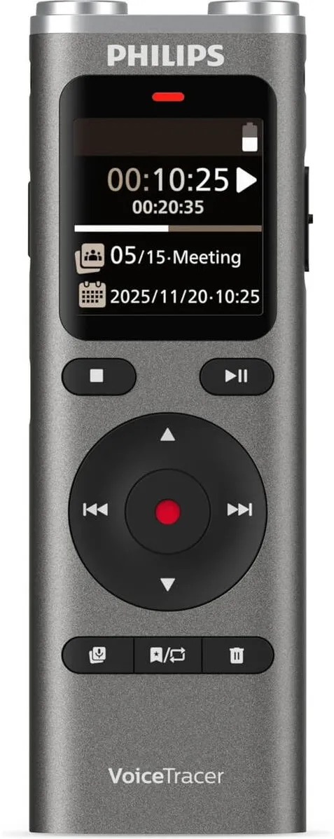 Philips DVT2075 VoiceTracer, reportofon, MP3, stereo, baterie Li-Ion. Sembly AI pentru recunoasterea vocii mai multor vorbitori, creare automata de rezumate