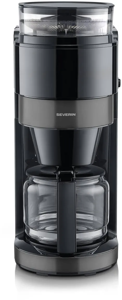 Cafetiera SEVERIN Aparat de cafea cu filtru Severin cu ulcior de sticla si rasnita, capacitate 1, 25L, pana la 10 cesti, stop picurare, aroma intensa, oprire automata, display LED, 900W, inox inchis, negru, KA 4830