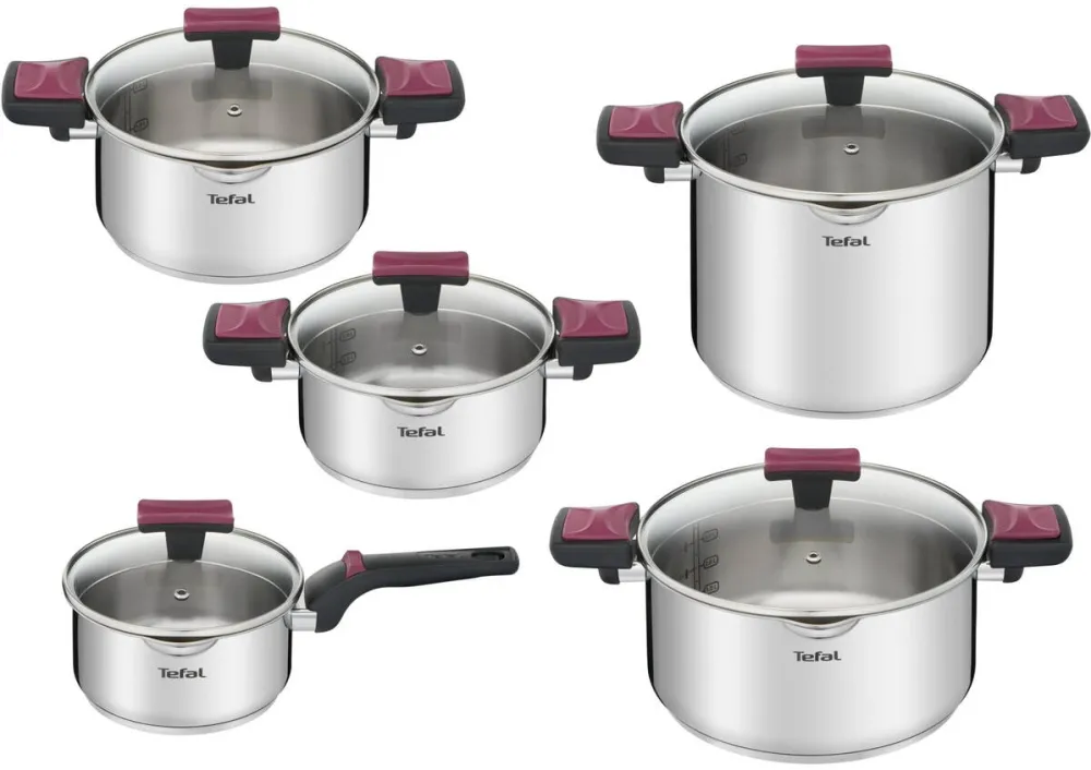 TEFAL Set oale cu capac Tefal Cook & Clip, 10 piese, inductie, 16 - 24 cm, 1.5L/2L/2.9L/6L/5L, otel inoxidabil, sistem Easy-Lock, capac cu turnare si suport pentru polonic, argintiu