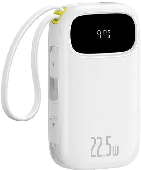 Baseus Acumulator extern EnerFill FC31 Digital Display 10.000 mAh, 22.5W, cu cablu USB-C si Lightning incorporat, Alb