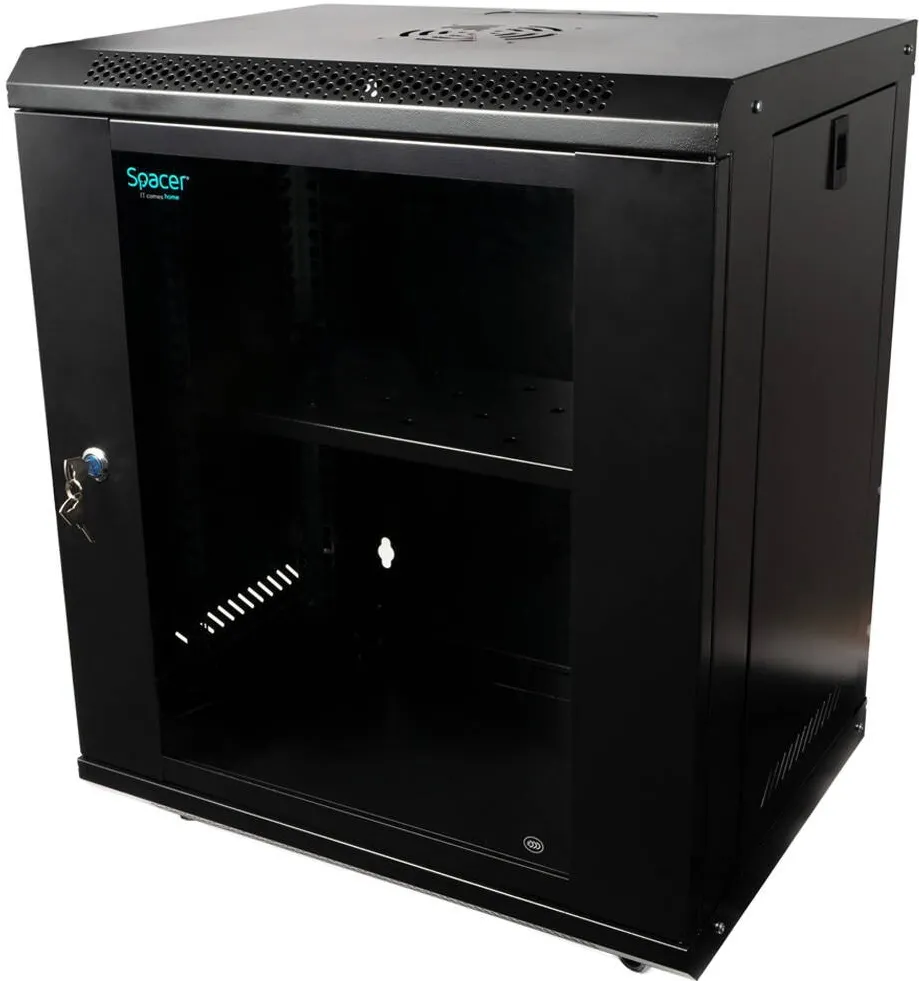 Rack Spacer Cabinet 19″ spacer 12u 500x400mm fixare pe perete flatpack (dezasamblat) black usa sticla cu blocare panouri detasabile