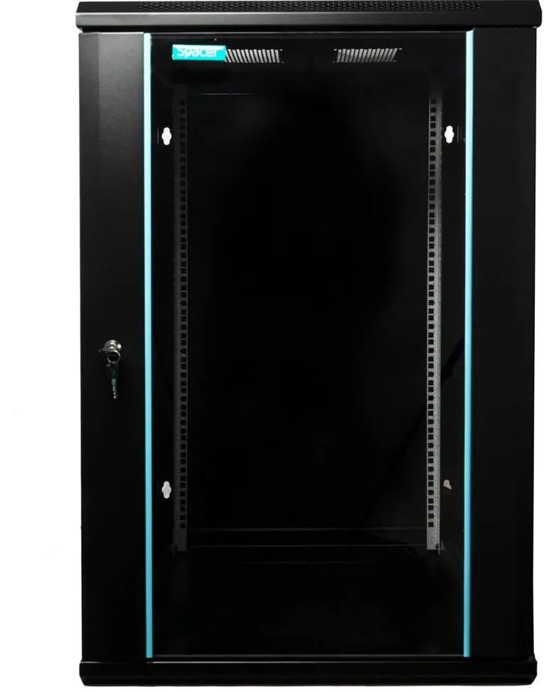 Rack Spacer Cabinet 19″ spacer 18u 600x600mm fixare pe perete flatpack (dezasamblat) black usa sticla cu blocare panouri detasabile
