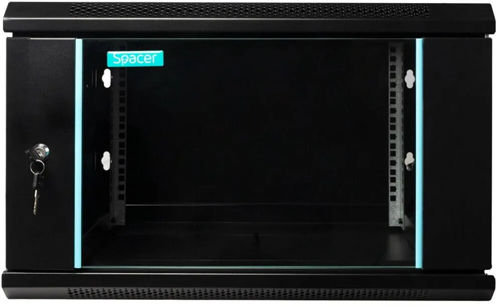 Rack Spacer Cabinet 19″ SPACER 6U 600x450mm, fixare pe perete, Flatpack (dezasamblat), negru, panouri detasabile, otel 1.5mm, sarcina maxima 60Kg