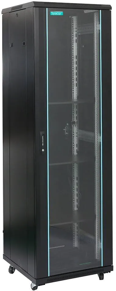 Rack Spacer Cabinet 19″ SPACER 22U 600x800mm, de podea, Flatpack (dezasamblat), negru, usa sticla cu blocare, panouri laterale detasabile, otel 2mm, sarcina maxima 1000Kg