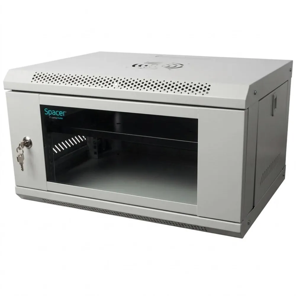 Rack Spacer Cabinet 19″ SPACER 6U 500x400mm, fixare pe perete, Flatpack (dezasamblat), Grey, usa sticla cu blocare, panouri detasabile, otel 1mm, sarcina maxima 25Kg, contine un raft
