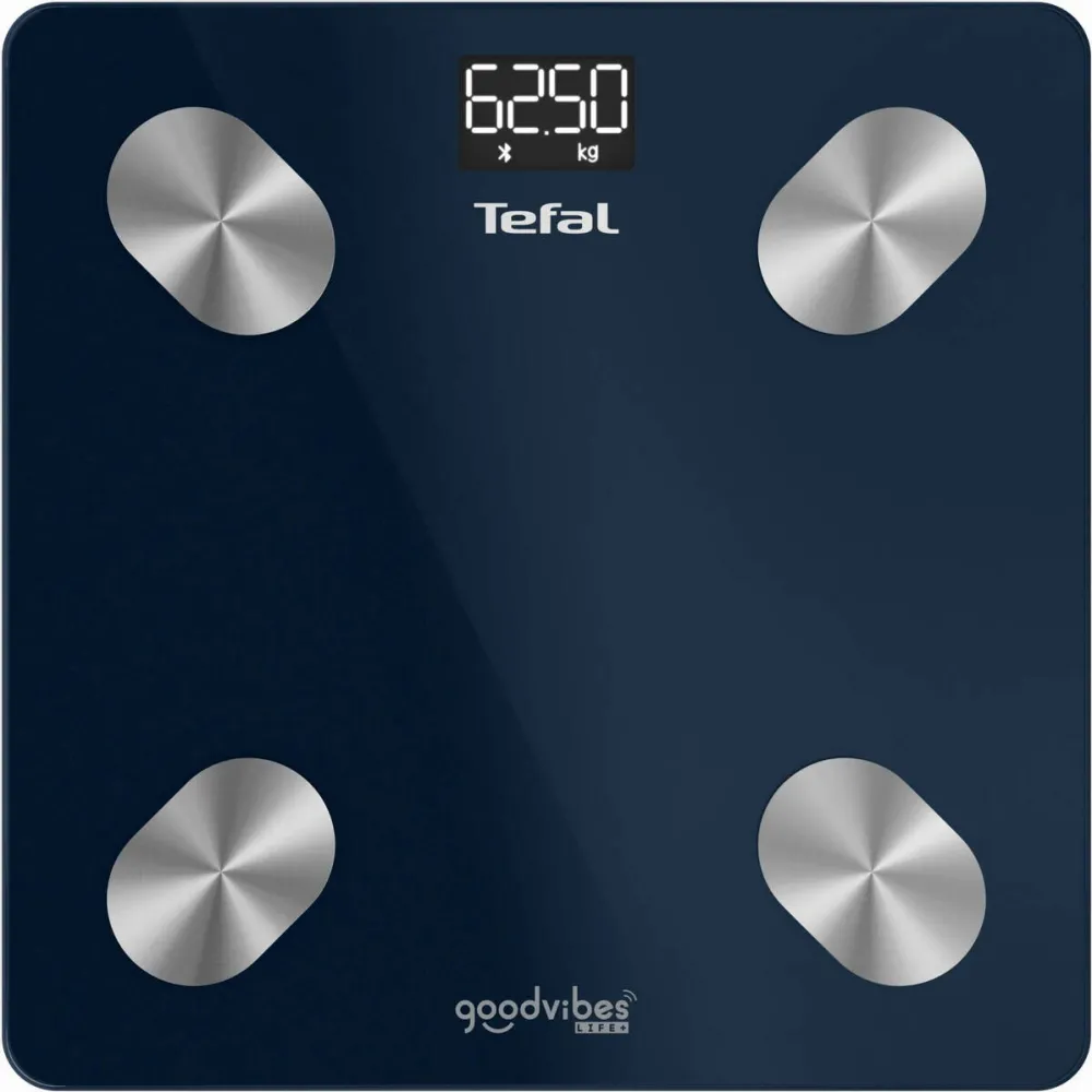 TEFAL Cantar inteligent Tefal Goodvibes Life+ BM9720F0, 15 indicatori de masurare, greutate maxima 180 kg, sincronizare cu aplicatia Google Fit, Apple Health si/sau Fitbit, sticla securizata tratata termic, ecran LCD, 3 baterii incluse, albastru