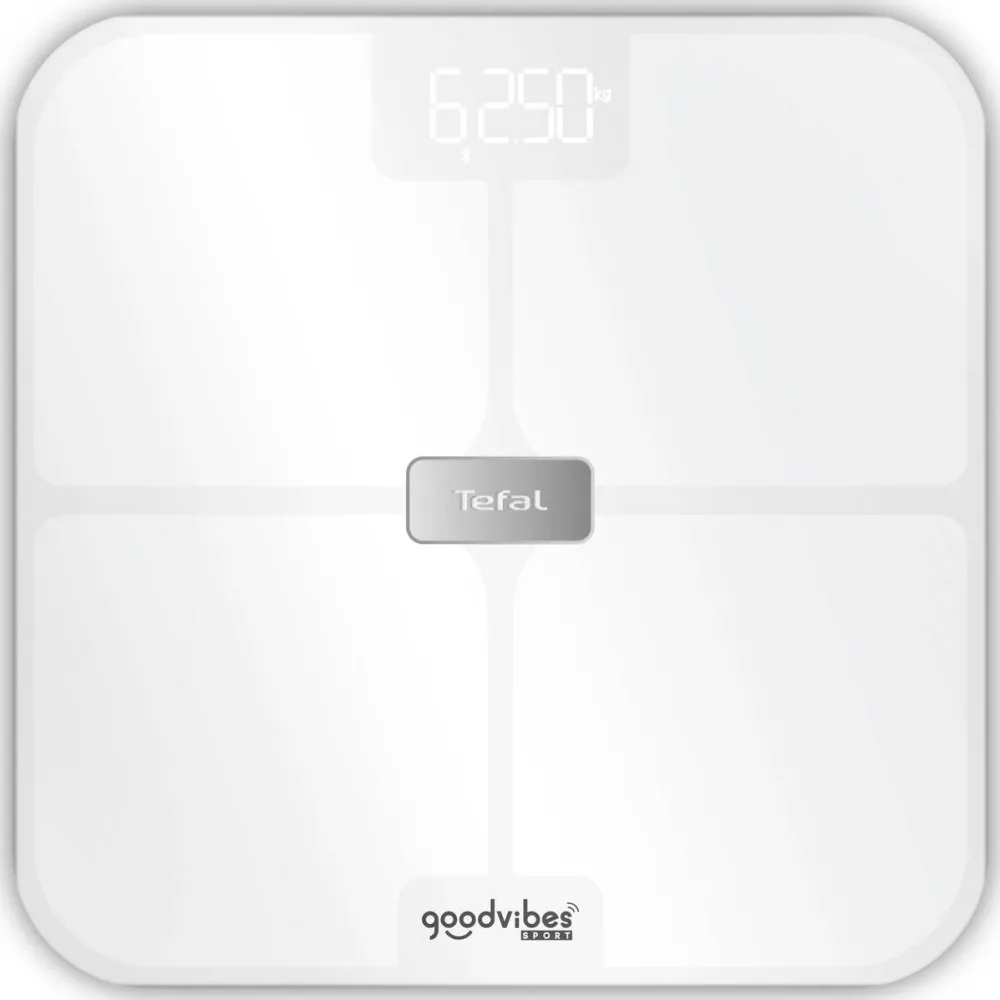 TEFAL Cantar inteligent Tefal Goodvibes Sport BM9740F0, 17 indicatori de masurare, greutate maxima 200 kg, sincronizare cu aplicatia Google Fit, Apple Health si/sau Fitbit, sticla securizata tratata termic, ecran LCD, 4 baterii incluse, alb