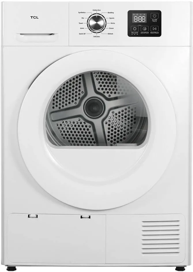 TCL Uscator de rufe DF0816WE0, pompa de caldura, 8 kg, 12 programe, clasa E, Display LED, Quick Dry, Gentle Dry, Indicator curatare filtru de scame, Blocare acces copii, Alb