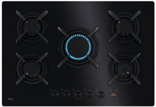 Plita AEG incorporabila HKB75453NB, 5 arzatoare, Aprindere electrica, Gratare fonta, Timer electronic, 75 cm, Negru
