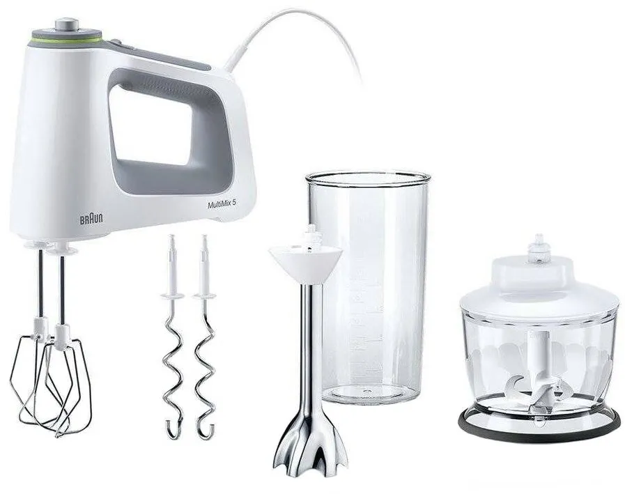 BRAUN Mixer de mana HM5137WH, 750 W, 9 viteze + Turbo, Pahar gradat 0.6L, Tocator 0.5l, Picior pasator inox, 2 palete, 2 carlige, Alb/Gri
