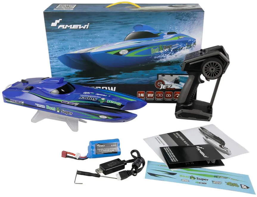 Masina AMEWI Barca RC cu telecomanda Blue Arrow Catamaran, Lungime 40 cm, 2, 4 GHz, Viteza 30 km/h, Raza 100m, Racire pe apa, Jetdrive, RTR, 14+