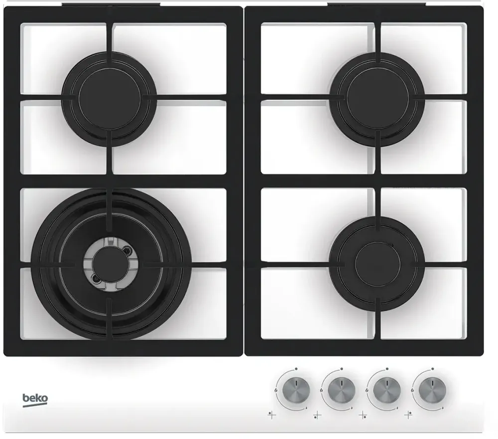 Plita BEKO incorporabila HILW64225SW, Gaz, 4 arzatoare, Wok, High-Efficiency Gas Burner, Gratar de fonta, 58 cm, Alb
