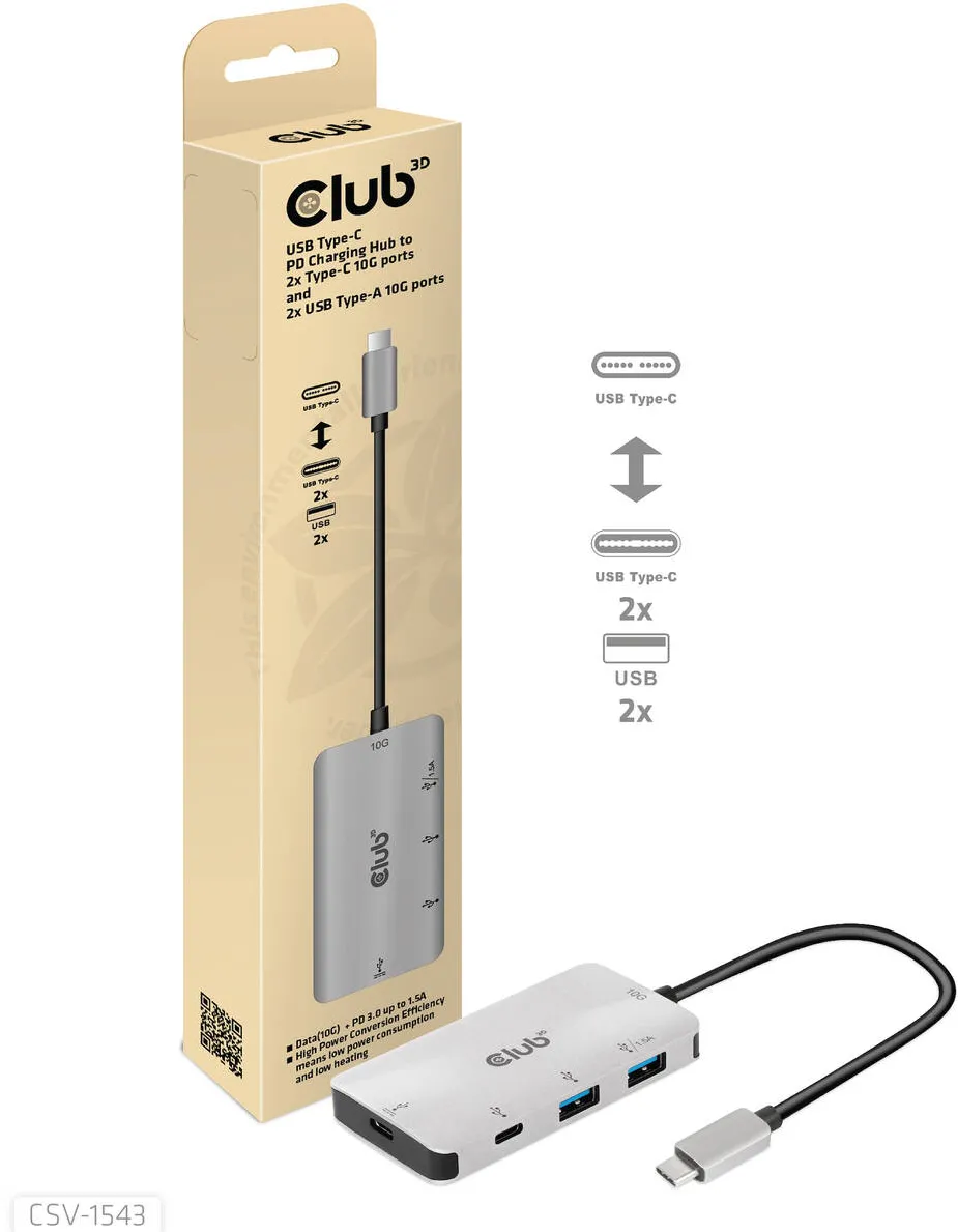 Hub USB CLUB 3D USB Gen2 Type-C PD Charging to 2x Type-C 10G ports and 2x USB Type-A 10G ports