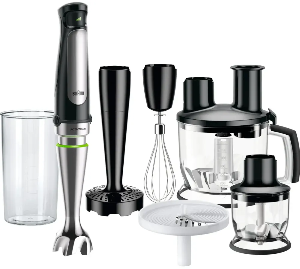 BRAUN Mixer vertical MQ7087X, 1000 W, Pahar gradat 0.6 l, Procesor alimente 1.5l, Tocator 0.35l, Accesoriu piure, Tel, viteza variabila, Negru