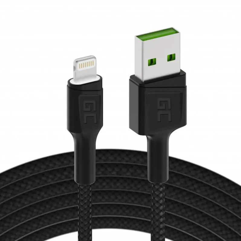 Cablu de Date Green Cell USB Lightning GC Ray, 120cm, for iPhone, iPad, iPod, Alb LED, quick charging
