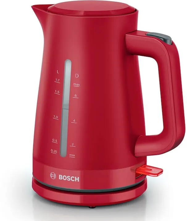 Fierbator BOSCH TWK3M124, 1.7l, filtru de calcar, oprire automata, protectie impotriva supraincalzirii si functionarii fara apa, oprire in momentul ridicarii canii de pe suport, Rosu