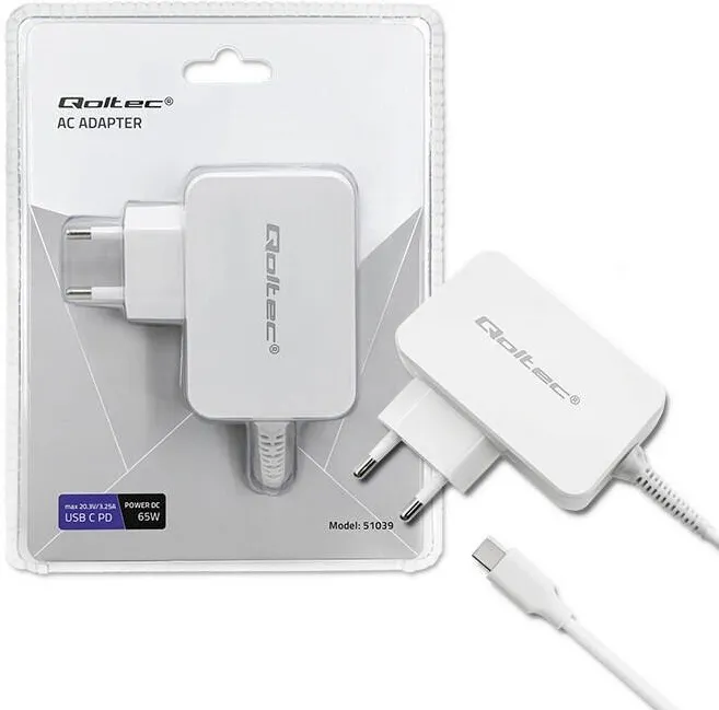 Accesoriu Laptop QOLTEC Incarcator retea Qoltec, 65W, USB-C, alb 90x75x28mm