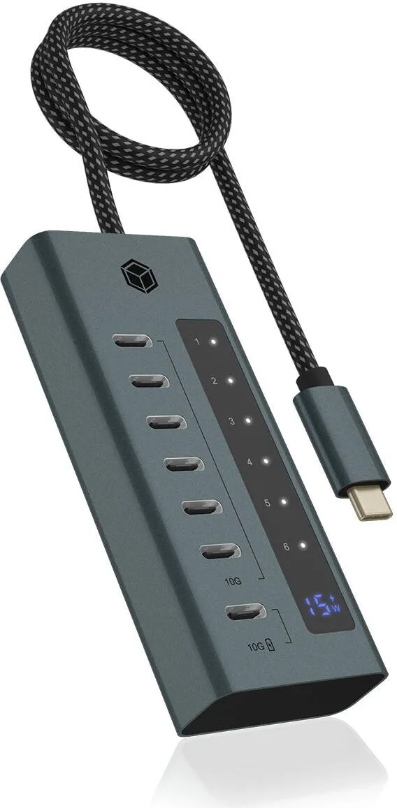 Icy Box Hub USB, ICY BOX, Aluminiu, USB 3.2 / USB-C, 10000 Mbit/s, 316 x 443 x 238 mm, Albastru / Gri Inchis