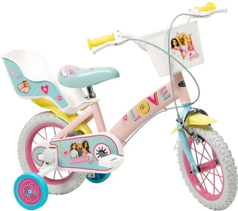 TOIMSA Bicicleta pentru copii, Barbie, 12 inch, roz, 4 roti, cu suport pentru papusi