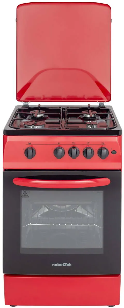 NobeLTek Aragaz NLT 5602R/G1, 50x60, plita si cuptor pe gaz, aprindere electrica, siguranta plita si cuptor, echipat cu diuze GPL, diuze GN de schimb, capac tabla, rosu
