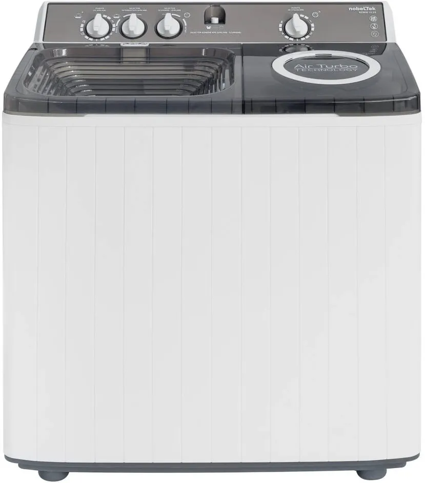 NobeLTek Masina de spalat rufe semi-automata Nobeltek, 10 kg spalare, 5 kg stoarecere, 420W spalare, 190W stoarcere, timp spalare 0-15 min, timp stoarcere 0-5 min, evacuare apa uzata: prin cadere libera, culoare corp Alb, capac Silver