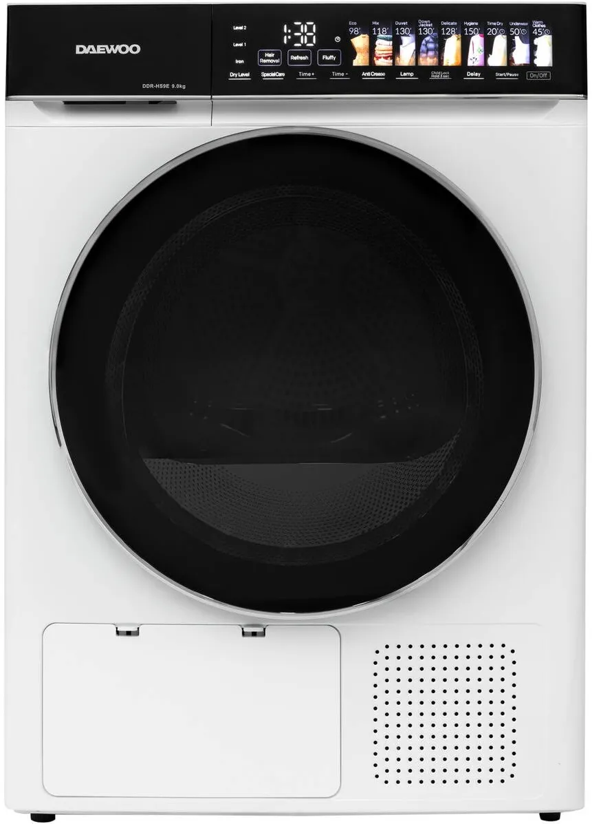 DAEWOO Uscator rufe DDR-HS9E, 9 kg, pompa de caldura, clasa E, butoane touch, panou de control negru cu pictograme mari colorate, usa dubla neagra cu inel cromat, culoare Alb