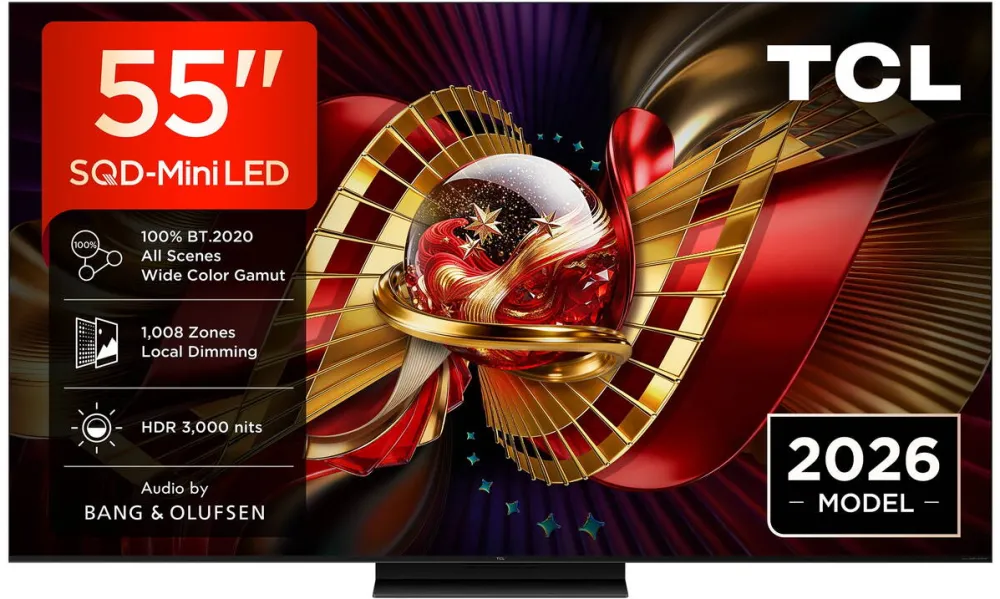 Televizor TCL SQD-MiniLed 55C8L, 139 cm, Smart Google TV, 4K Ultra HD, 144Hz, Sunet Bang & Olufsen, Clasa E (Model 2026)