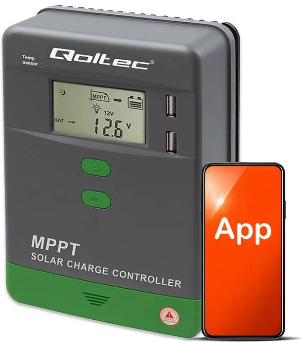 QOLTEC Regulator Solar MPPT Qoltec 53660 10A 12V/24V Auto LCD Bluetooth Aplicatie 2xUSB Compatibil LiFePO4 GEL Protectii Multiple Scurtcircuit Supraincalzire Suprasarcina Sisteme Fotovoltaice Rulote Barci Eficienta Maxima Incarcare Optima Energie