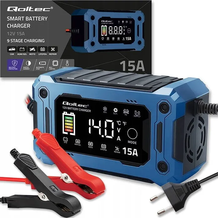 QOLTEC Redresor Auto Inteligent Universal 12V/24V, Incarcator Baterie Automat cu Protectii Multiple, Ideal pentru Masini, Motociclete, Camioane si Mentenanta Acumulatorilor Vehiculului