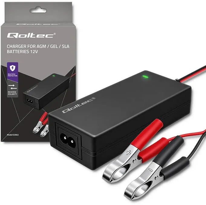 QOLTEC Incarcator Auto Universal 12V, compatibil cu baterii AGM, GEL, STD, protectie automata, cablu lung, dimensiuni compacte