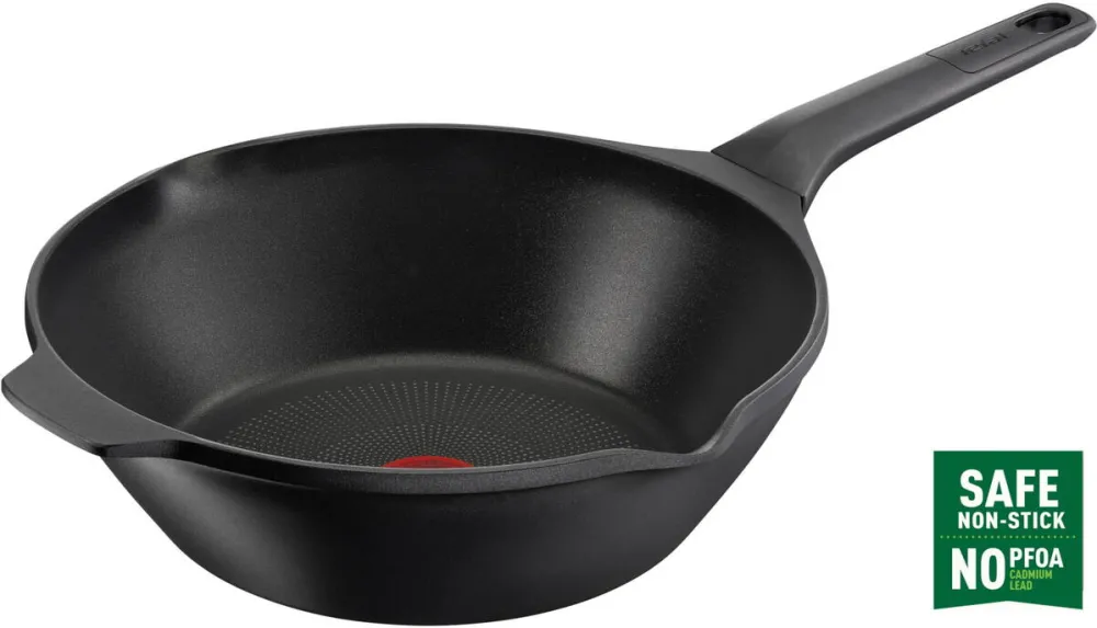TEFAL Tigaie wok Robusto, 28 cm, inductie, invelis antiaderent din titan, aluminiu turnat, indicator Thermo-Signal, margini turnare, maner lateral integrat, negru