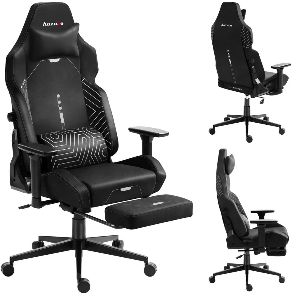 Scaun Gaming huzaro Scaun gaming Huzaro Force 8.1, suport extensibil pentru picioare, inclinare pana la 135°, capacitate 150 kg, Negru