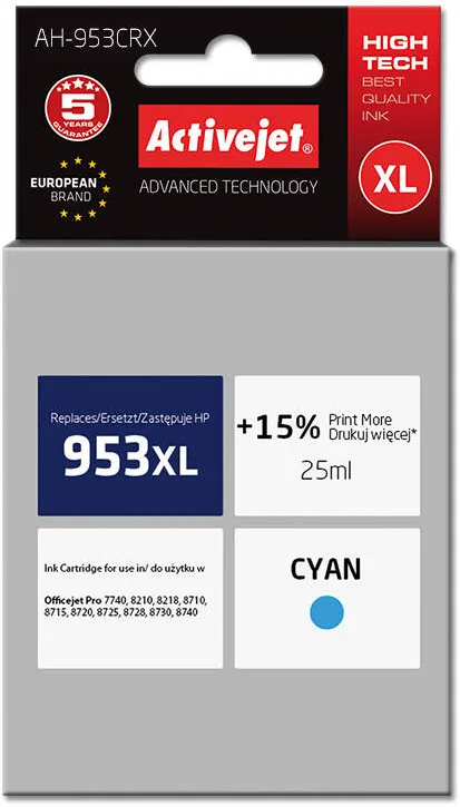 Cartus Imprimanta ACTIVEJET Compatibil AH-953CRX for HP printer; HP 953XL F6U16AE replacement; Premium; 25 ml; cyan