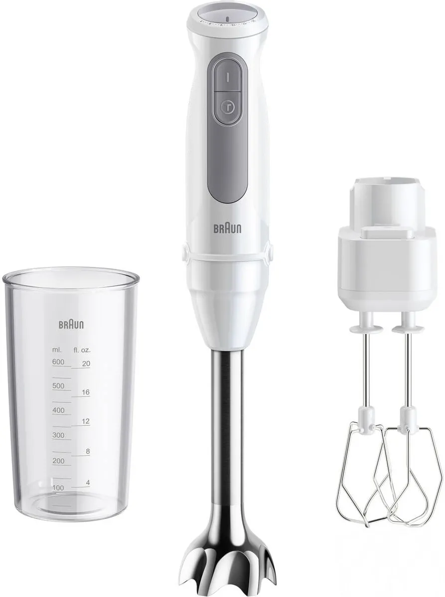 BRAUN Blender vertical MQ50501M, 1000W, 21 trepte viteza, Functie Turbo, Tel dublu, Pahar gradat 600ml, alb