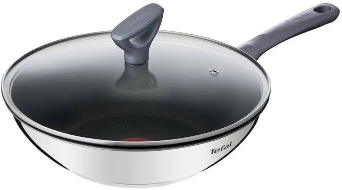 TEFAL Tigaie wok cu capac Daily Cook, 28 cm, inductie, invelis antiaderent din titan, indicator Thermo-Signal, argintiu & negru