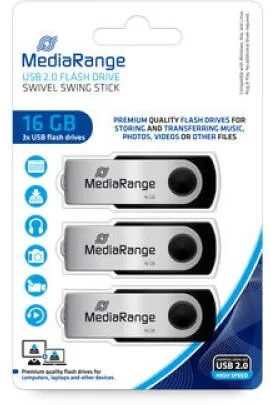 Memorie USB MediaRange Set 3 stickuri USB, MediaRange, 16 GB, Negru/Argintiu