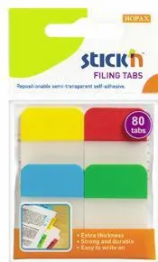 Hopax Stick index plastic transp. cu margine color 38 x 25 mm, 4 x 20 file/set, Stick'n - 4 culori neon