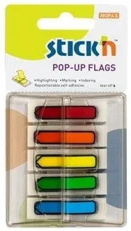 Hopax Film index autoadeziv 45 x 12mm, 5 x 30file/set, cu dispenser, Stick'n Pop-up - 5 culori fluorescent